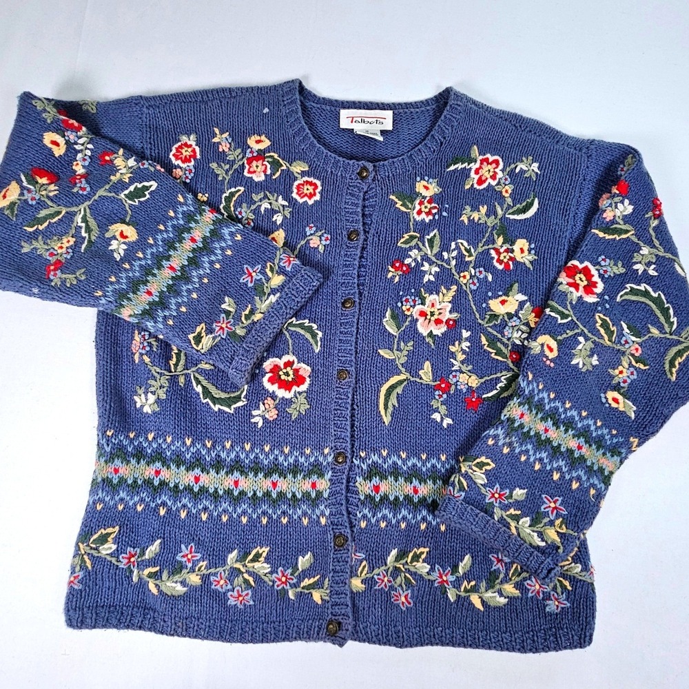 Talbots Vintage Blue Floral Embroidered Cardigan Sweater Ramie Cotton Womens M